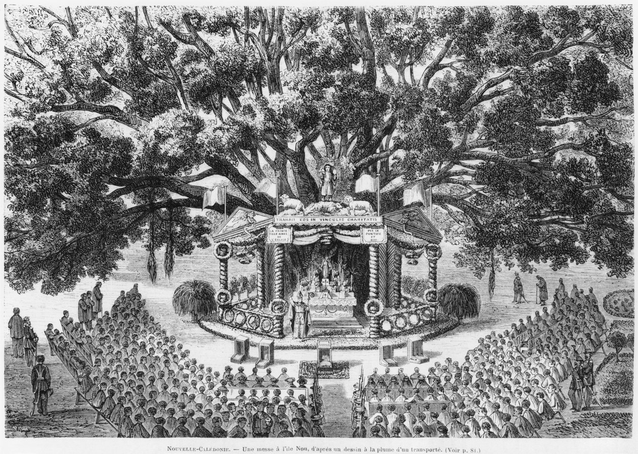 Neukaledonien, Messe auf der Insel Nou, nach einer Federzeichnung eines Transportierten, Illustration aus dem Bulletin Les Missions Catholiques, 1875 von French School