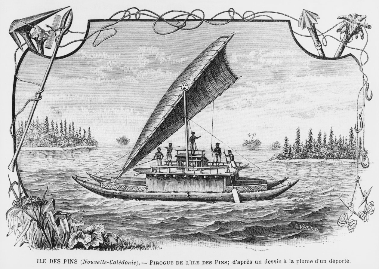 Neukaledonien, Piroge der Isle of Pines, nach einer Federzeichnung eines Deportierten, Illustration aus dem Bulletin Les Missions Catholiques, 1893 von French School