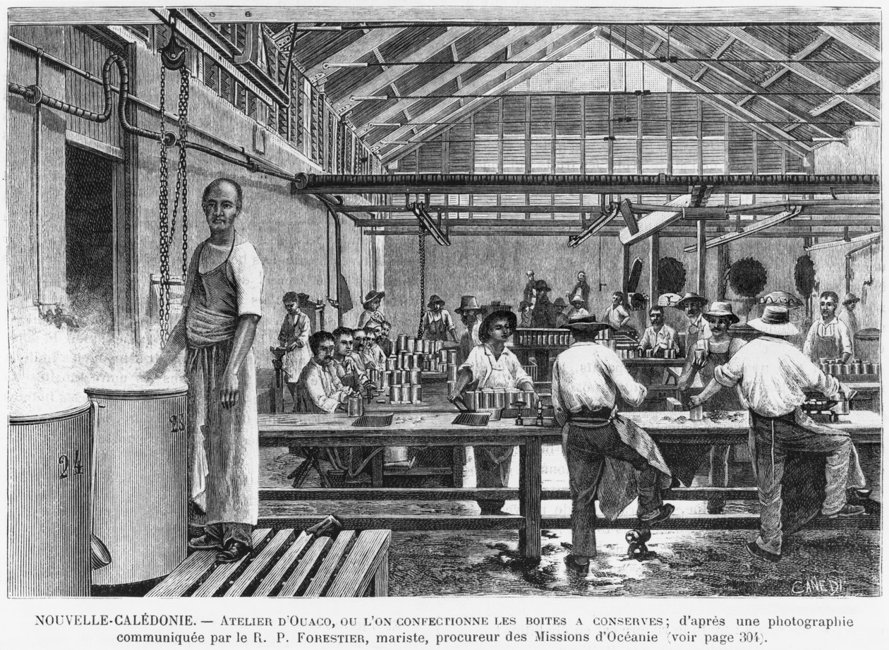 Neukaledonien, Werkstatt in Ouaco, Herstellung von Dosen, nach einer Fotografie von Pater Forestier, Illustration aus dem Bulletin Les Missions Catholiques, 1889 von French School