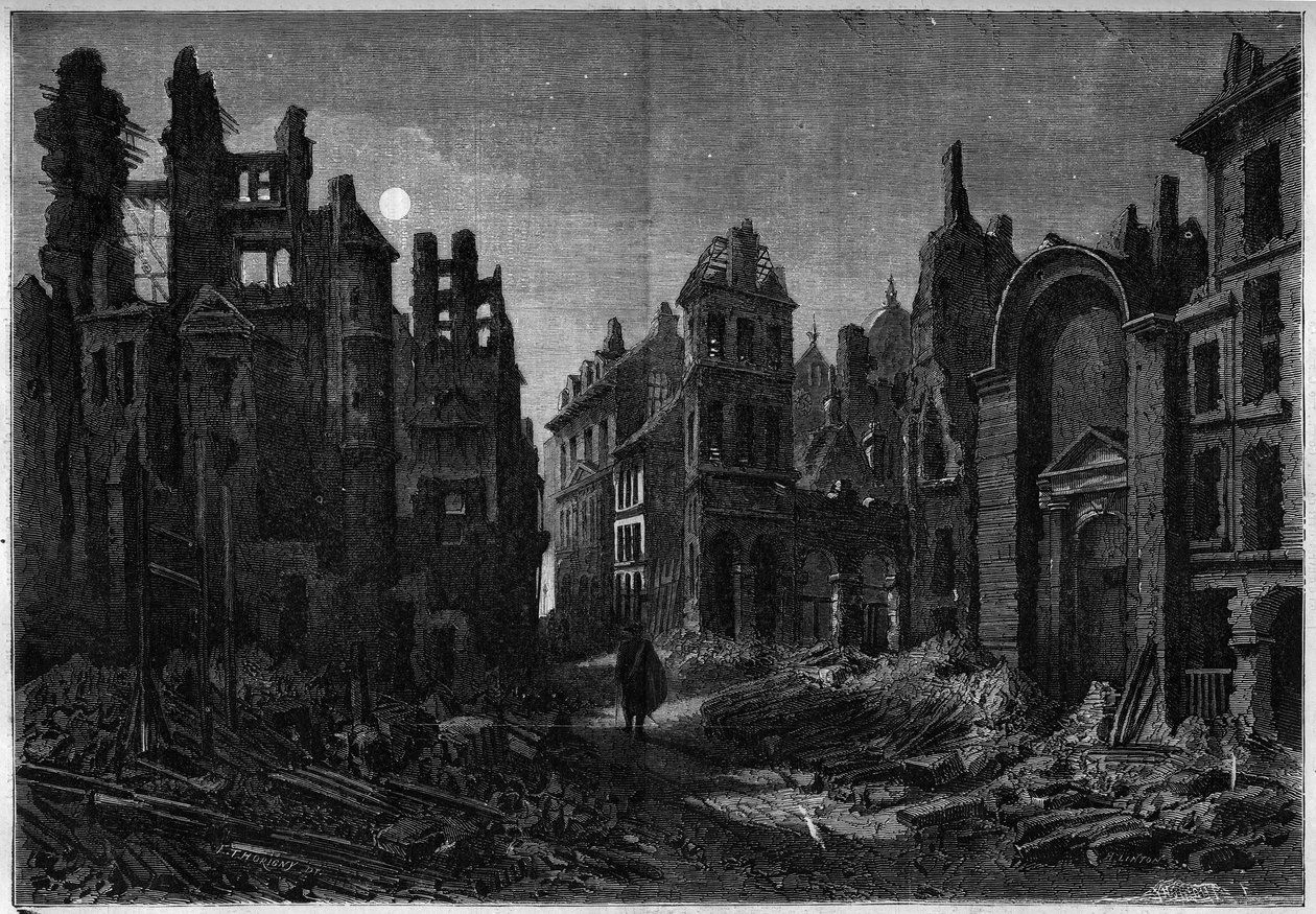 Nachtansicht der Ruinen des Quartier Latin in Paris von French School