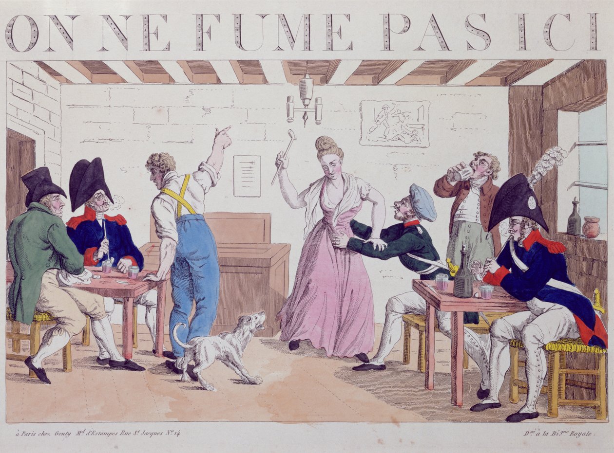 Rauchverbot Karikatur gegen die Anwesenheit der alliierten Truppen in Paris, 1815 von French School