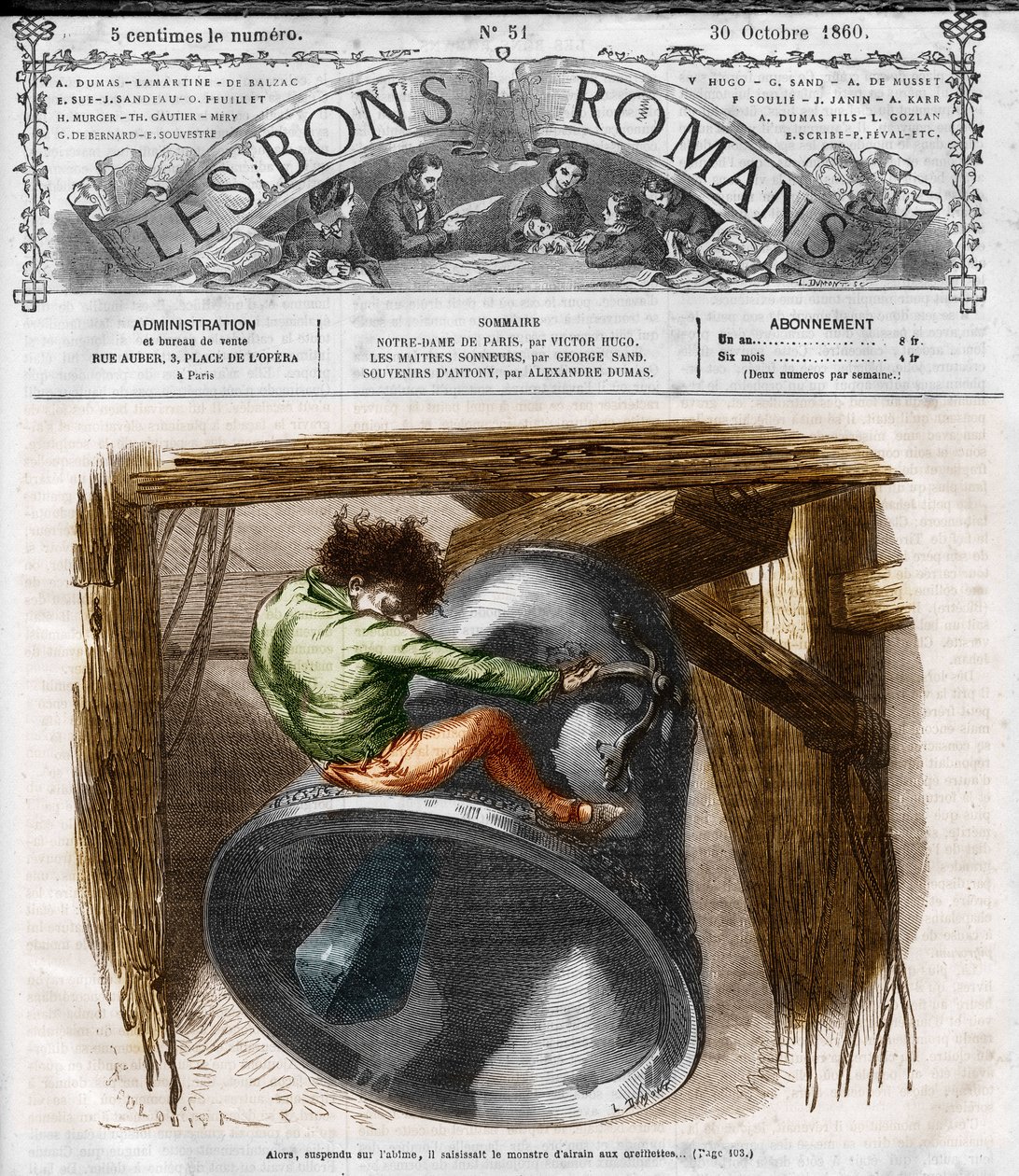 Romanserie: „Notre Dame de Paris“ von Victor Hugo (1802-1885). Quasimodo auf dem Glockenturm. Gravur in „Les bons romans“ von French School