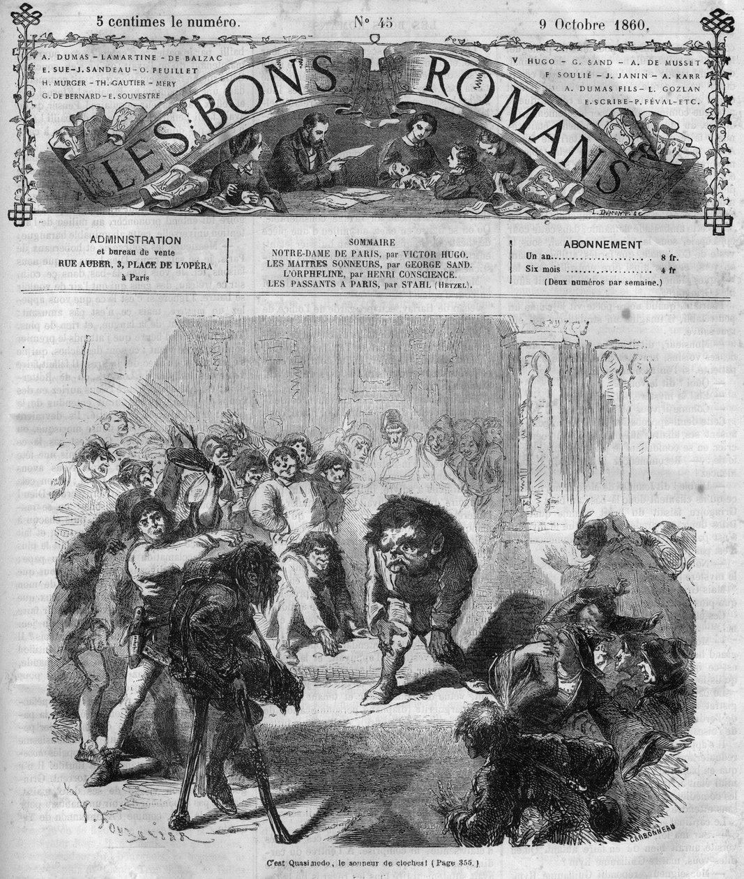 Romanserie: „Notre Dame de Paris“ von Victor Hugo (1802-1885). Die Menge erschreckt und lacht vor Quasimodo, dem Glöckner. Gravur in „Les bons romans“ von French School