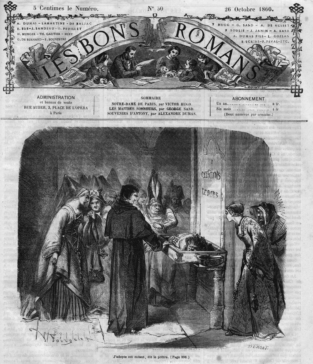 Romanserie: „Notre Dame de Paris“ von Victor Hugo (1802-1885). Der Priester beschließt, Quasimodo zu adoptieren. Gravur in „Les bons romans“ von French School