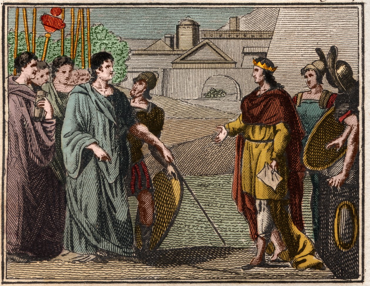 Numa Pompilius, legendärer zweiter König von Rom, gibt den heiligen Schild an die Priester des Mars zurück von French School