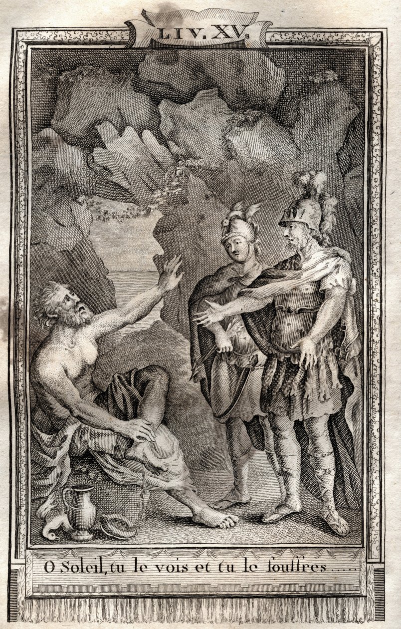 O Sonne, du siehst es und leidest es! Ulysses antwortete mir ohne sich zu bewegen: Jupiter will es... Gravur von 1798 von Monnet in „Les Aventures de Télémaque, fils d