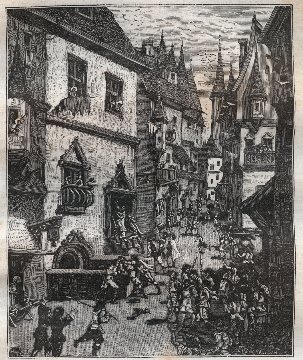 Am 20. Mai 1636 wurden acht Fälscher in der Rue Champfleuri von zwei Polizeikommissaren begleitet von einem Dutzend Sergeanten verhaftet - in „Paris a travers les siecles“ von Nicolas Jules Henri Gourdon de Genouillac von French School