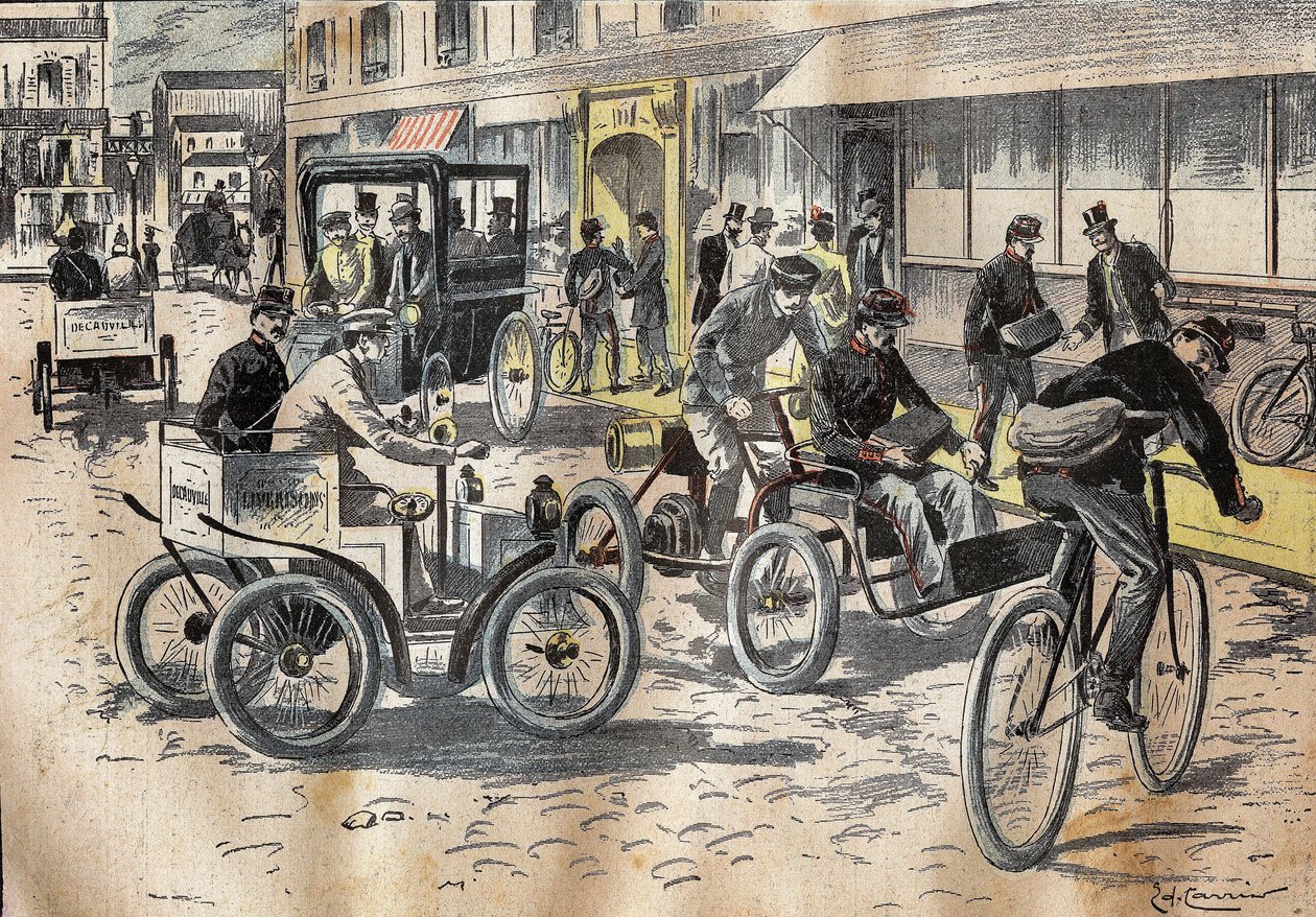 Erste Tests von Fahrrädern und verschiedenen Automobilen für den Posttransport am 5. Oktober 1899 von French School