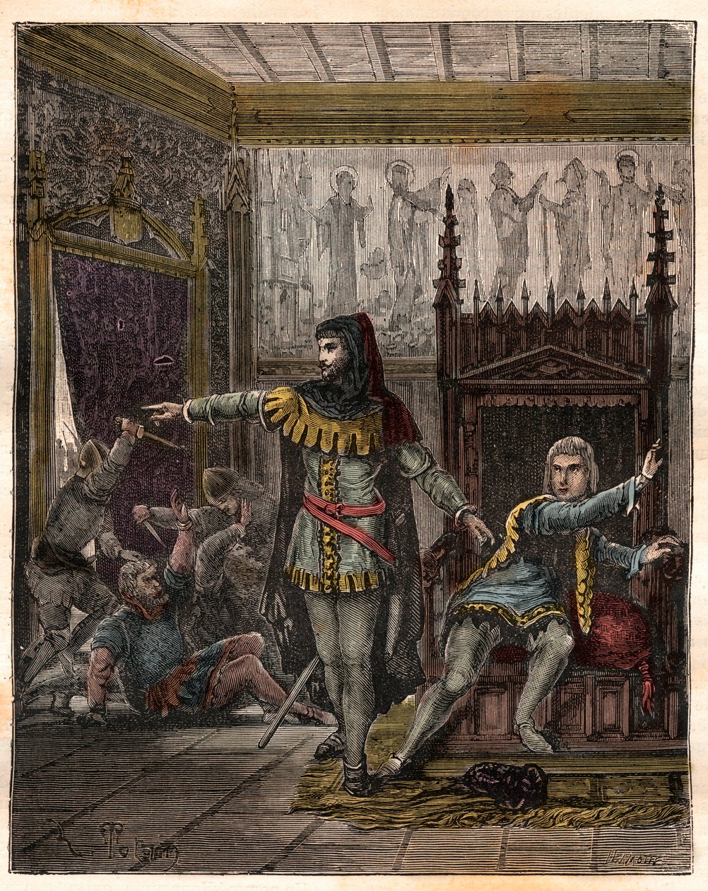 Hundertjähriger Krieg: „Der Dauphin Charles (später Karl V.) (1338-1380) (der erste Dauphin von Frankreich) und Étienne Marcel (1302/1310-1358), der zwei Minister (Marschälle) Robert de Clermont und Jean de Conflans im Zimmer des französischen Dauphins erm von French School