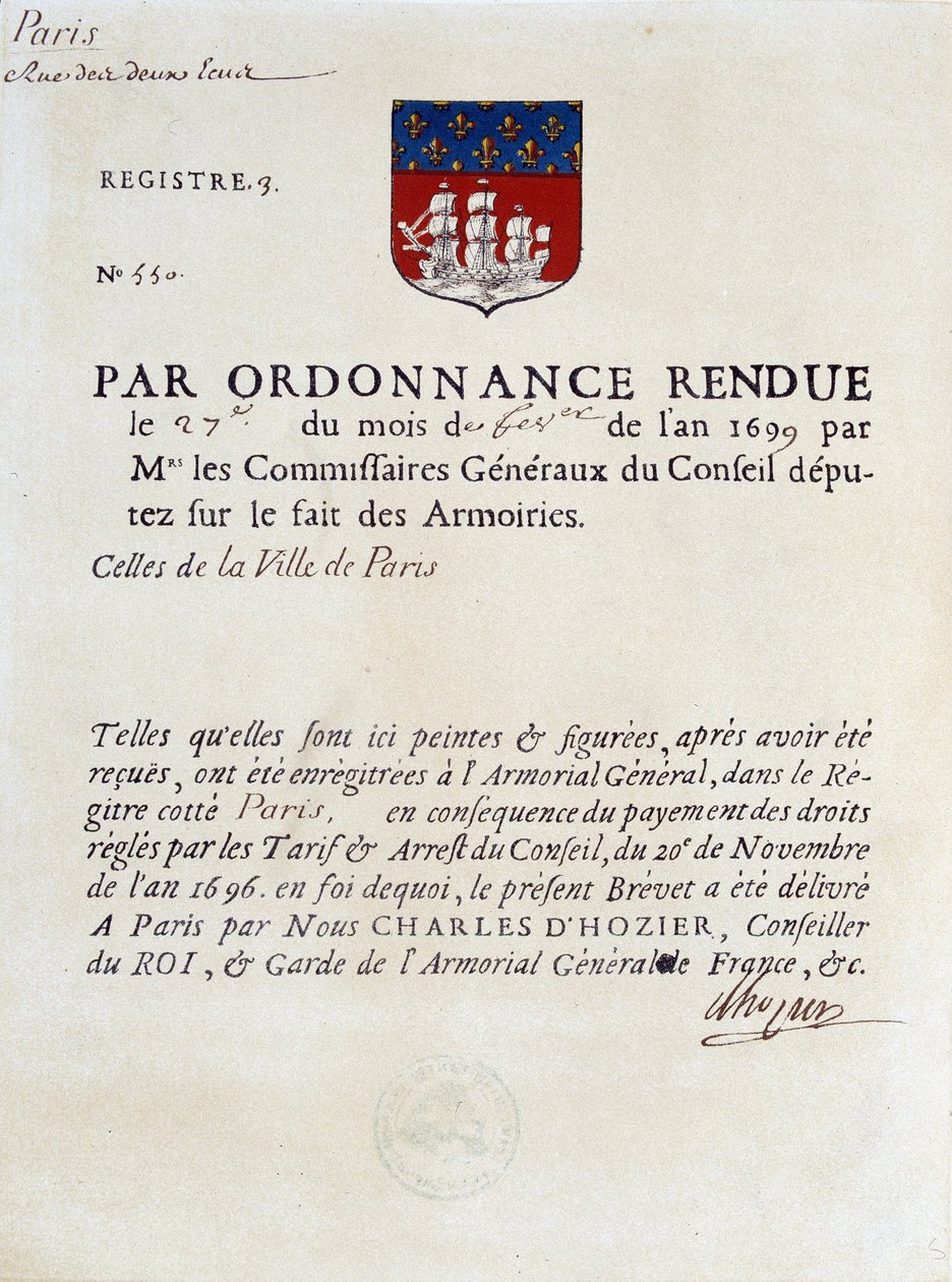 Verordnung zur Festlegung der Wappen der Stadt Paris, 27. Februar von French School