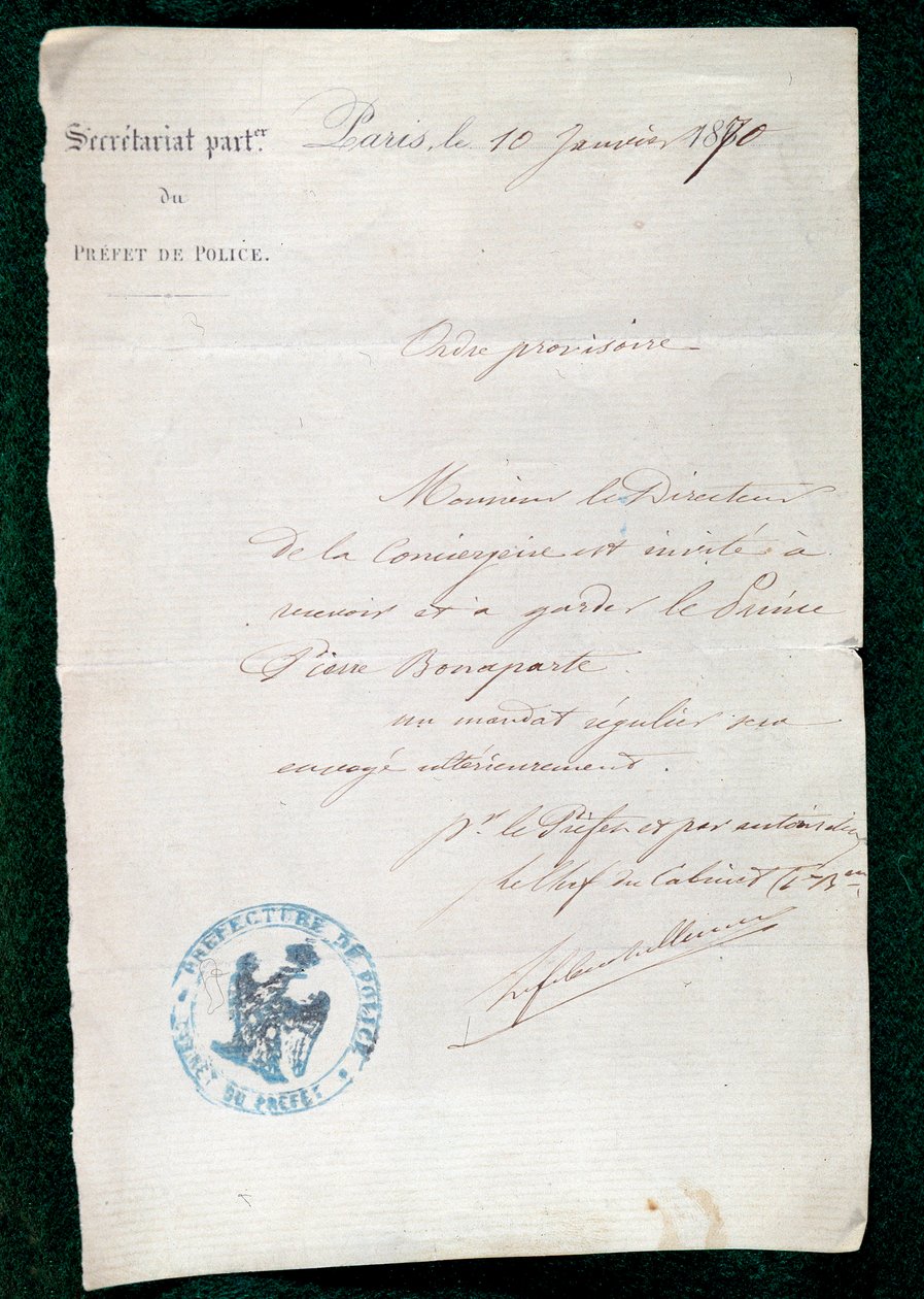 Inhaftierungsbefehl an den Concierge von Prinz Pierre Bonaparte (1815-1881) am 10. Januar von French School