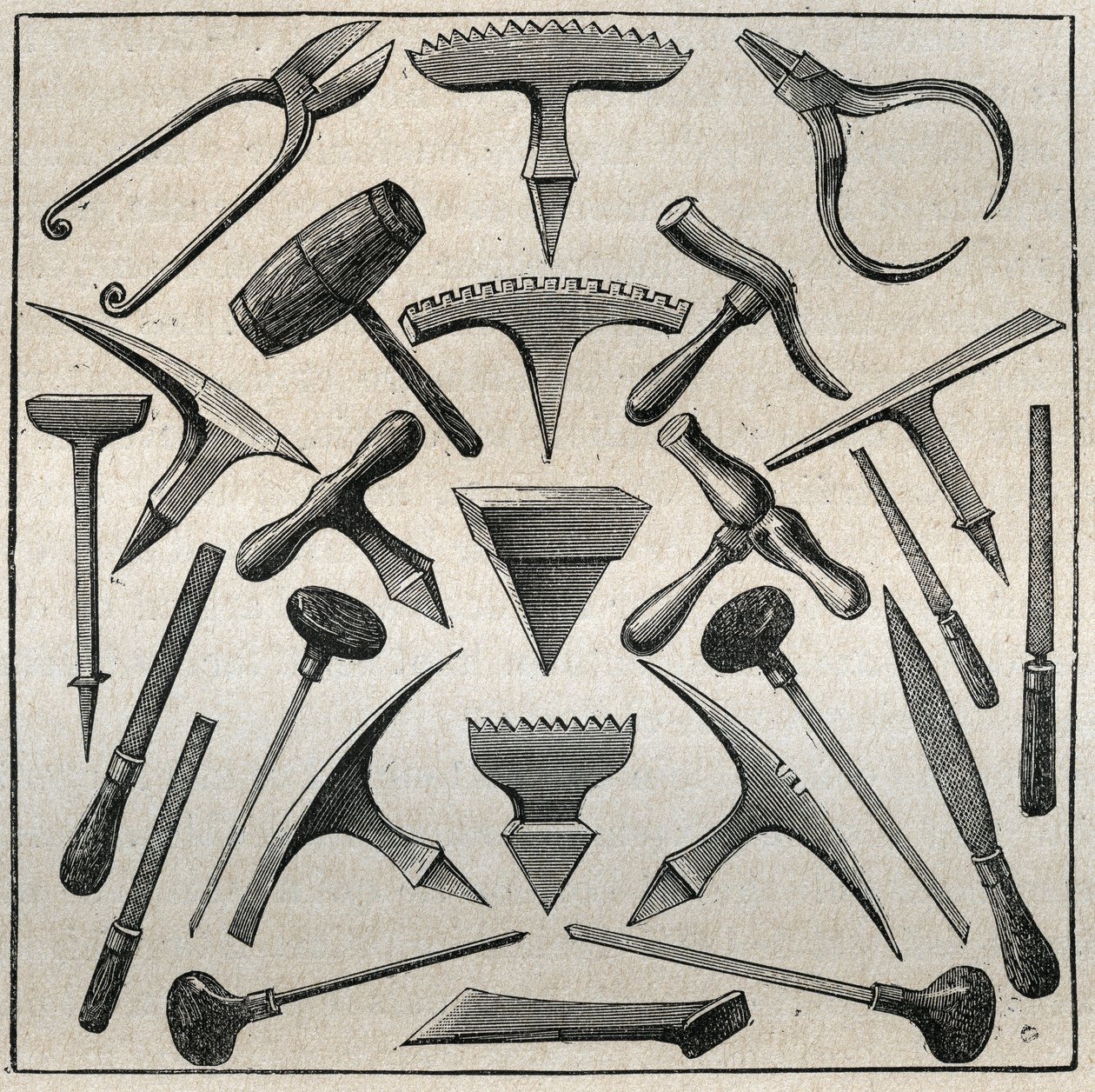 Werkzeuge des Goldschmieds. Gravur von 1885 in 