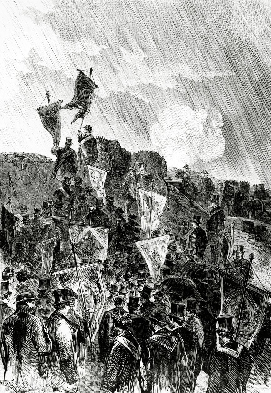 Pazifistische Demonstration auf den Befestigungsanlagen durch Freimaurer am 28. April 1870, um die Einstellung der Bombardierung von Paris zu fordern, aus Le Monde Illustré, 5. Mai 1870 von French School