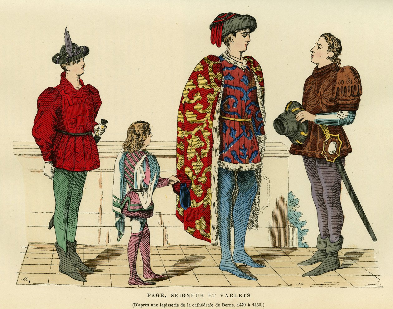 Seitenkostüme, Herr und Knecht im 15. Jahrhundert. Farbige Gravur nach einem Wandteppich der Kathedrale von Bern 1440-1450, in „Frankreich und die Franzosen durch die Jahrhunderte“ von Augustin Challamel, F.Roy Herausgeber, Paris 1882. Selva Sammlung. von French School