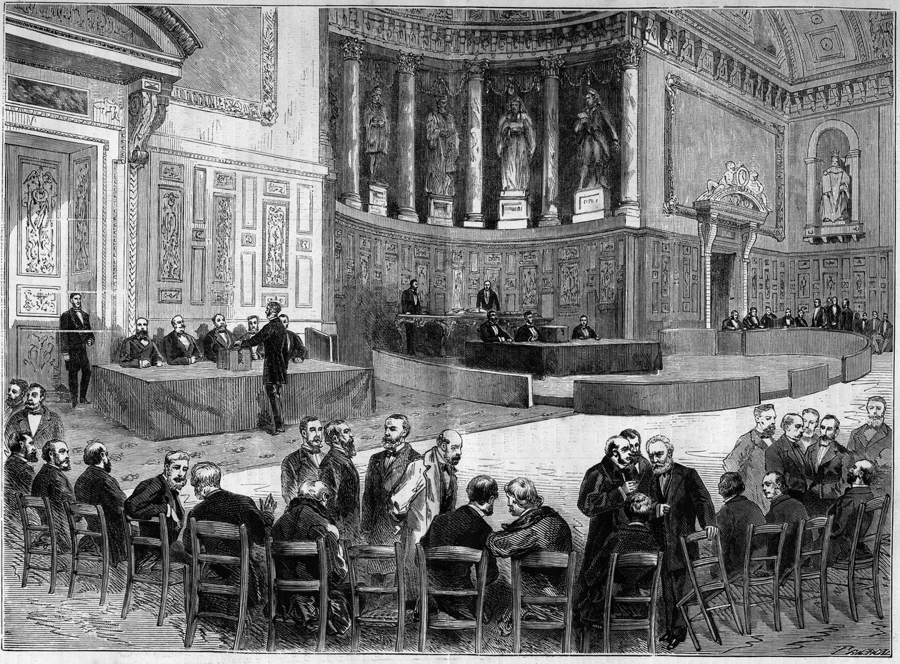 Palais du Luxembourg in Paris: Wahl vom 30. Januar zur Wahl der Senatoren des Departements Seine. Stehend, der Stuhl in einer Hand, wird Victor Hugo (1802-1885), Politiker, erkannt. Gravur in „L
