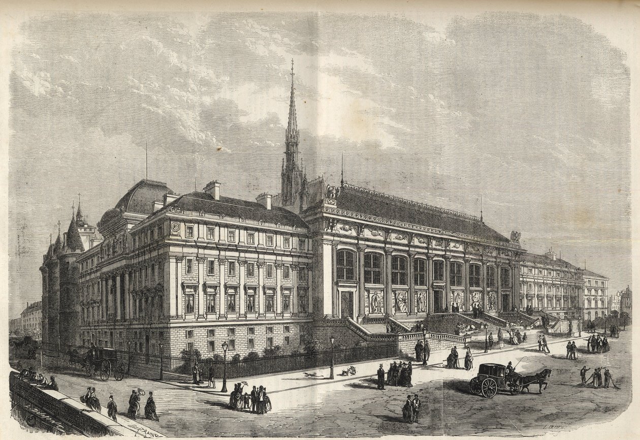 Paris - neue Fassade des Justizpalastes, erbaut von Joseph-Louis Duc (1802-1879) - (Westfassade, an der Rue de Harlay) Gravur von 1869 von French School