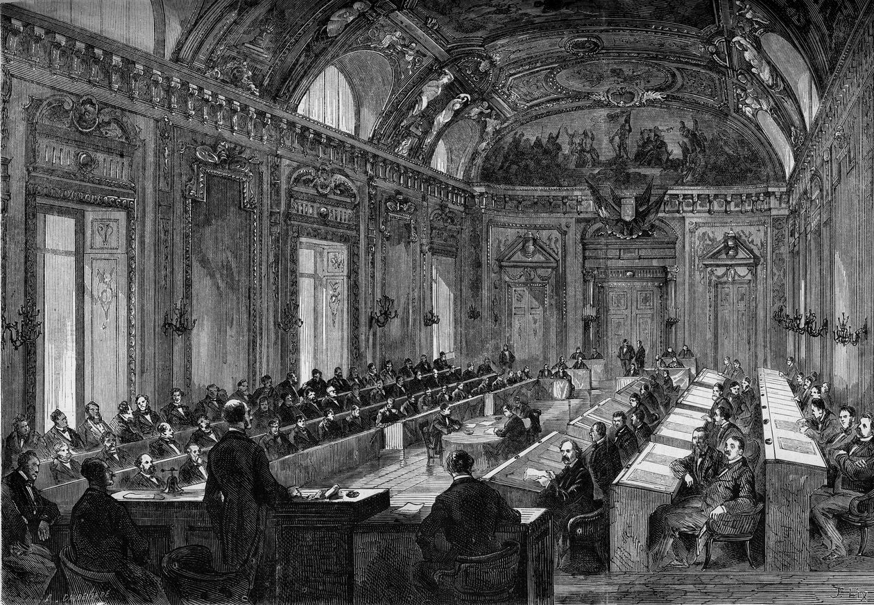 Paris, 4. August 1871: Erste Sitzung des Gemeinderats im Thronsaal des Palais du Luxembourg. Gravur in „Le Monde Illustré“ Nr. 748 vom 12. August 1871 von French School