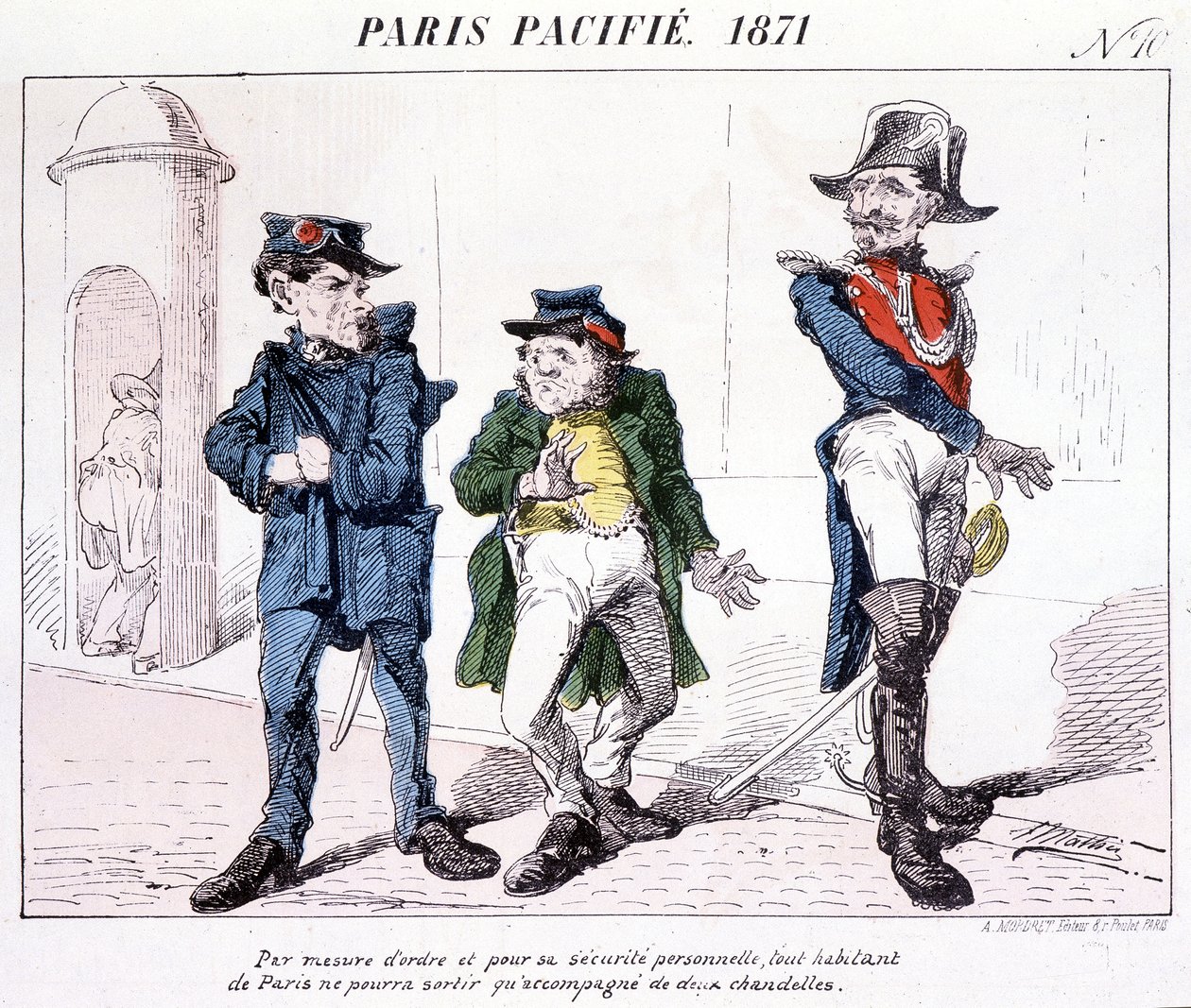 Paris befriedet 1871 - Als Maßnahme der Ordnung und persönlichen Sicherheit darf jeder Bewohner von Paris nur mit zwei Kerzen ausgehen. Karikatur über die Kommune. von French School