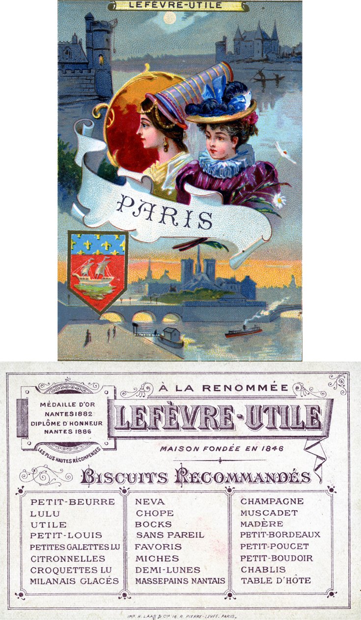 Paris, Vorder- und Rückseite einer Werbekarte für Lefèvre-Utile (LU) Kekse, späte 19. Jahrhundert von French School