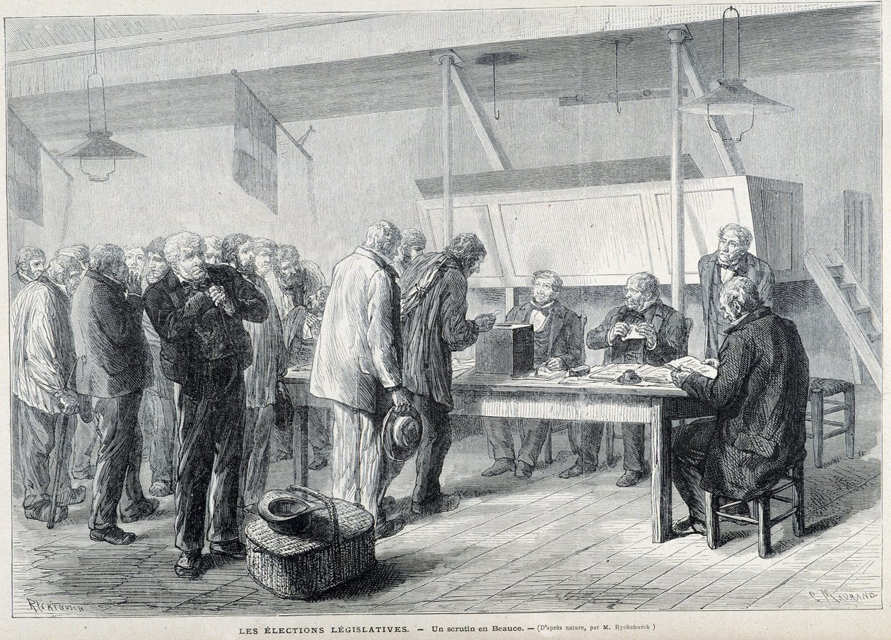 Parlamentswahlen: ein Wahllokal in Beauce - in „Le Monde Illustré“, März 1876 von French School