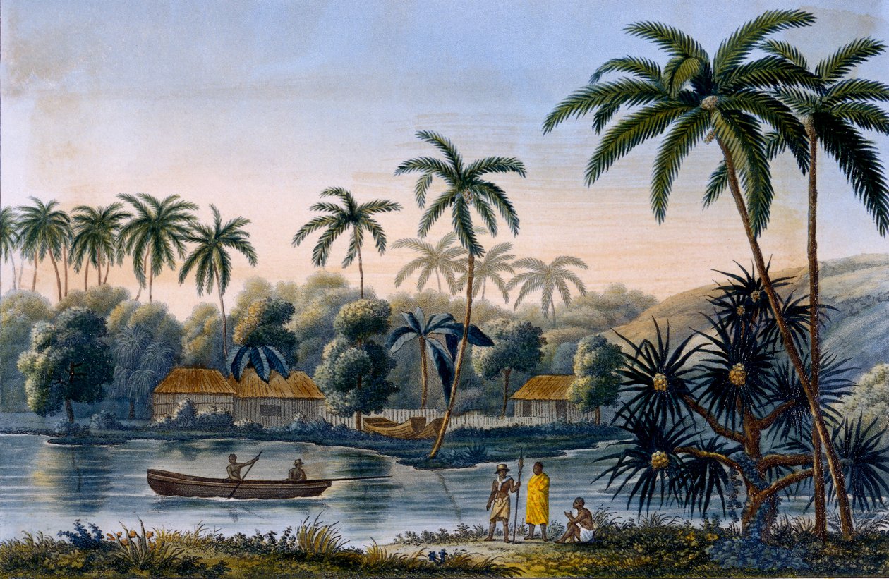Teil des Dorfes Matavae, Kokospalmen und andere Früchte, Tahiti, aus Voyage autour du Monde sur la Corvette Coquille von Leutnant Louis Isodore Duperrey, veröffentlicht 1826 von French School