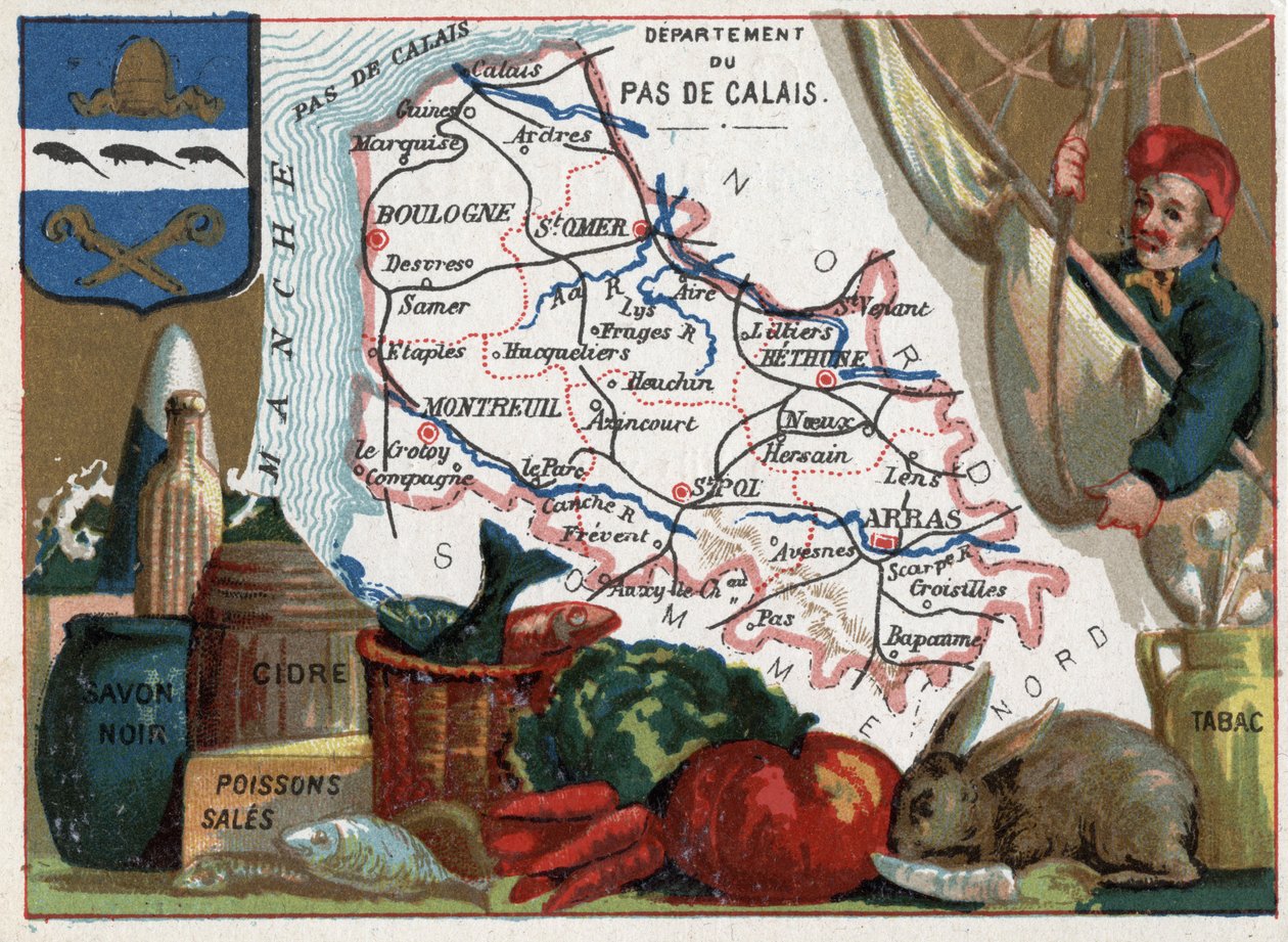 Pas de Calais (62), Nord-Pas-de-Calais, Frankreich. Lokale Spezialitäten: schwarze Seife, schmutziger Fisch, Cidre und Tabak. Serie über die französischen Departements. Chromolithographie "Der geografische Faden", ca. 1920. Private Sammlung von French School