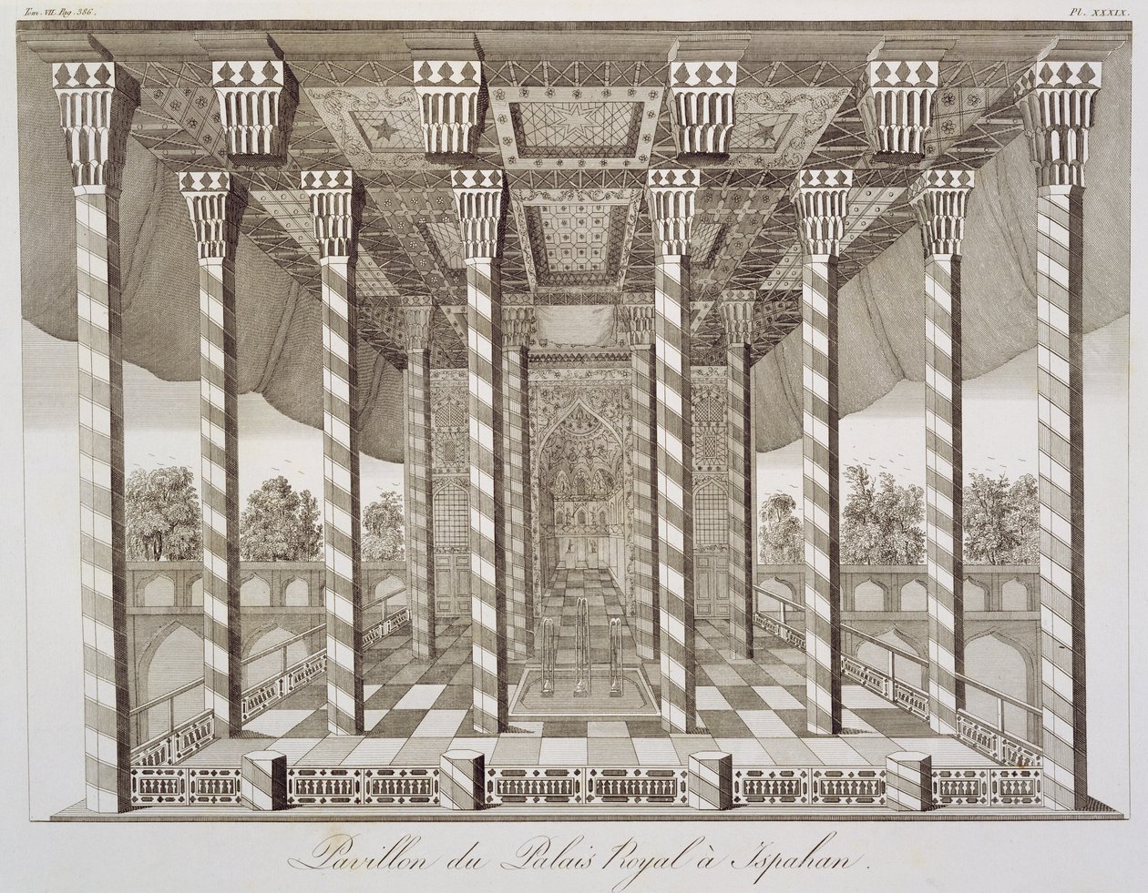 Pavillon im Königspalast von Isfahan, aus Voyages du Chevalier Chardin en Perse, et autres Lieux de l