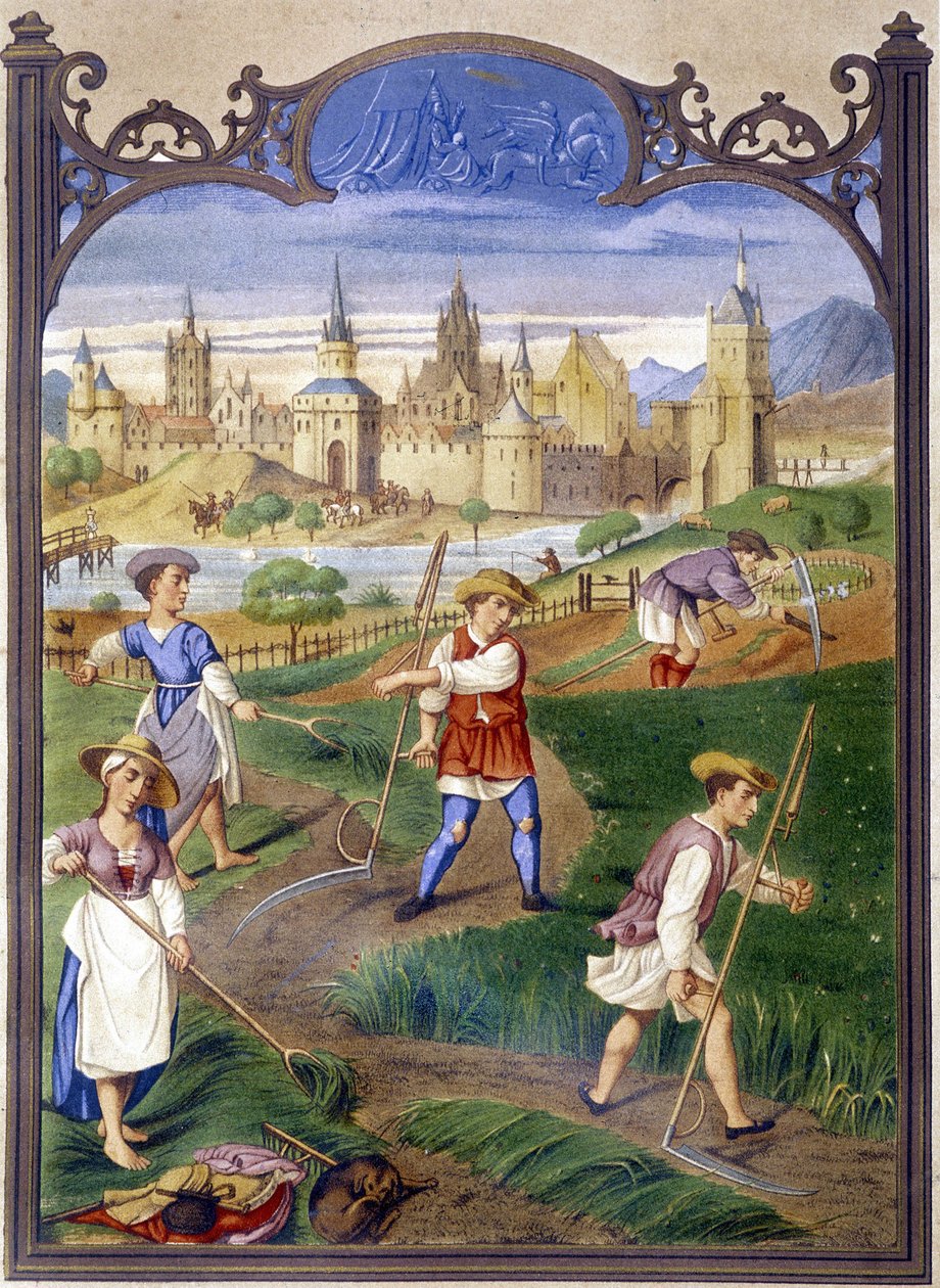 Bauern beim Gras mähen, Reproduktion einer Beleuchtung von French School
