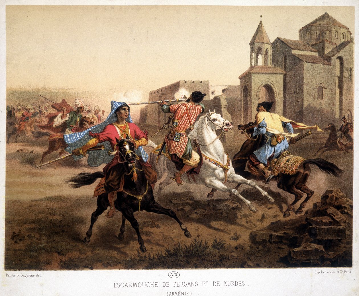 Persische und kurdische Scharmützel in Armenien - Lithografie von French School