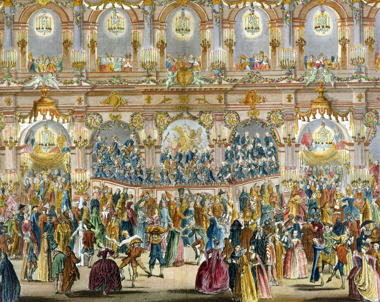 Perspektivische Ansicht des Ballsaals, errichtet im Innenhof des Hôtel de Ville von French School