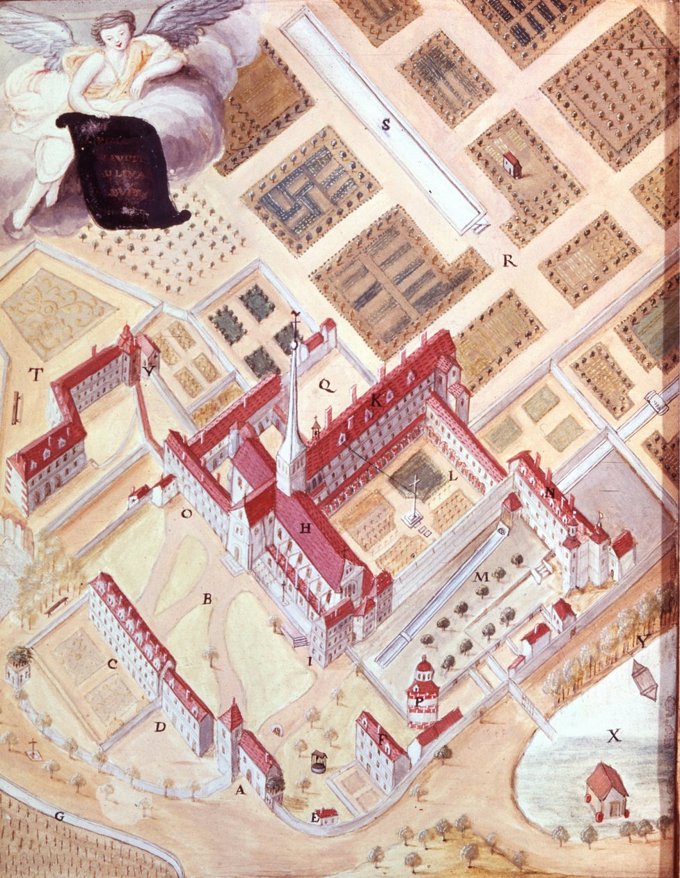 Vogelperspektive der Abtei von Port Royal des Champs. Gouachezeichnung aus dem 18. Jahrhundert. Versailles Museum von French School
