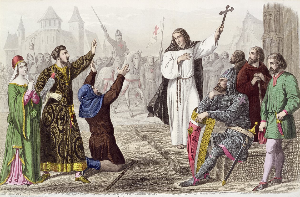 Peter der Einsiedler (1050-1115) predigt während des Ersten Kreuzzugs im Jahr 1095 von French School