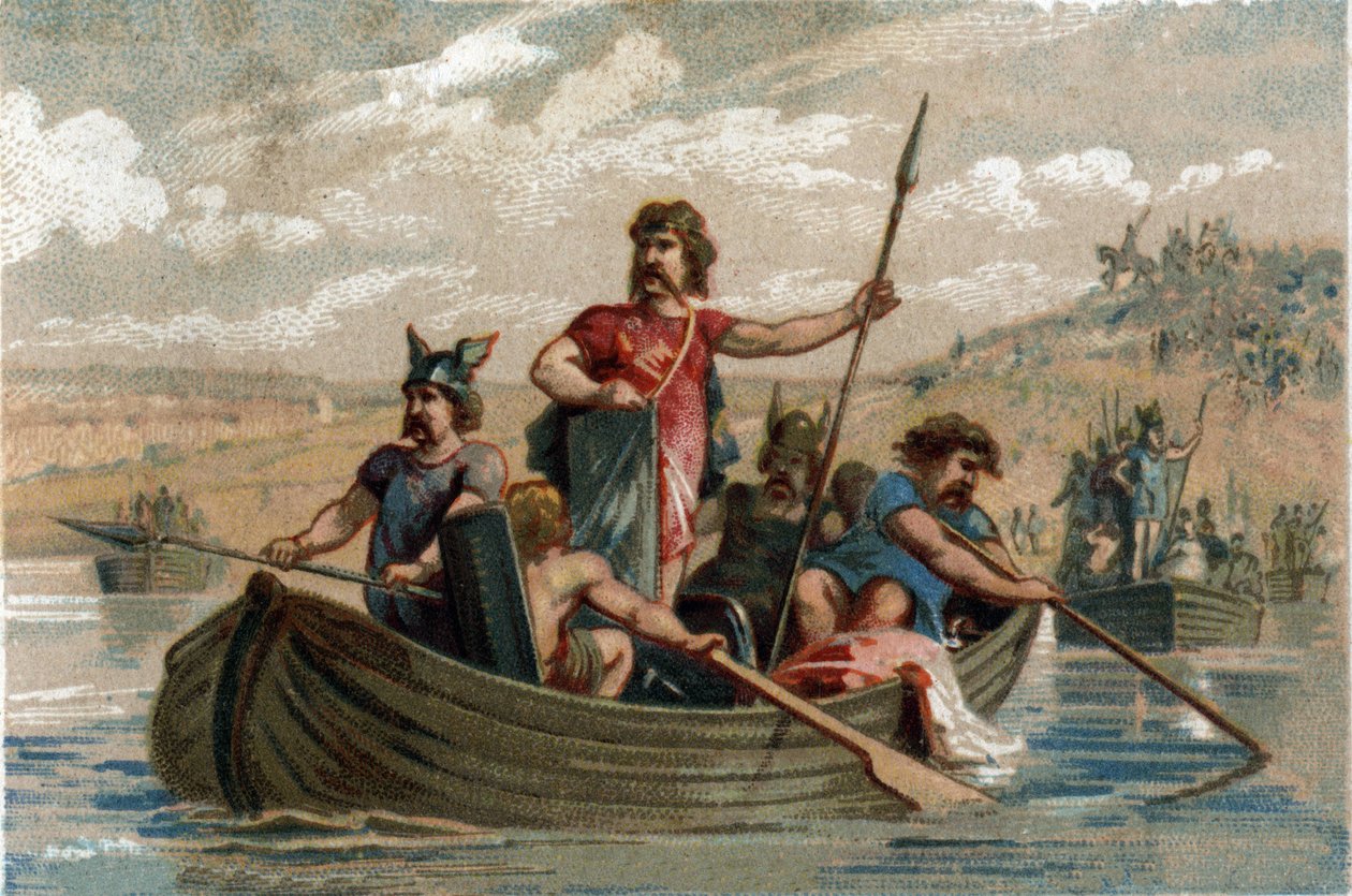 Pharamond überquerte den Rhein mit fränkischen Kriegern und wurde der erste Herzog der salischen Franken von 420 bis 428. Chromolithographie um 1890. von French School
