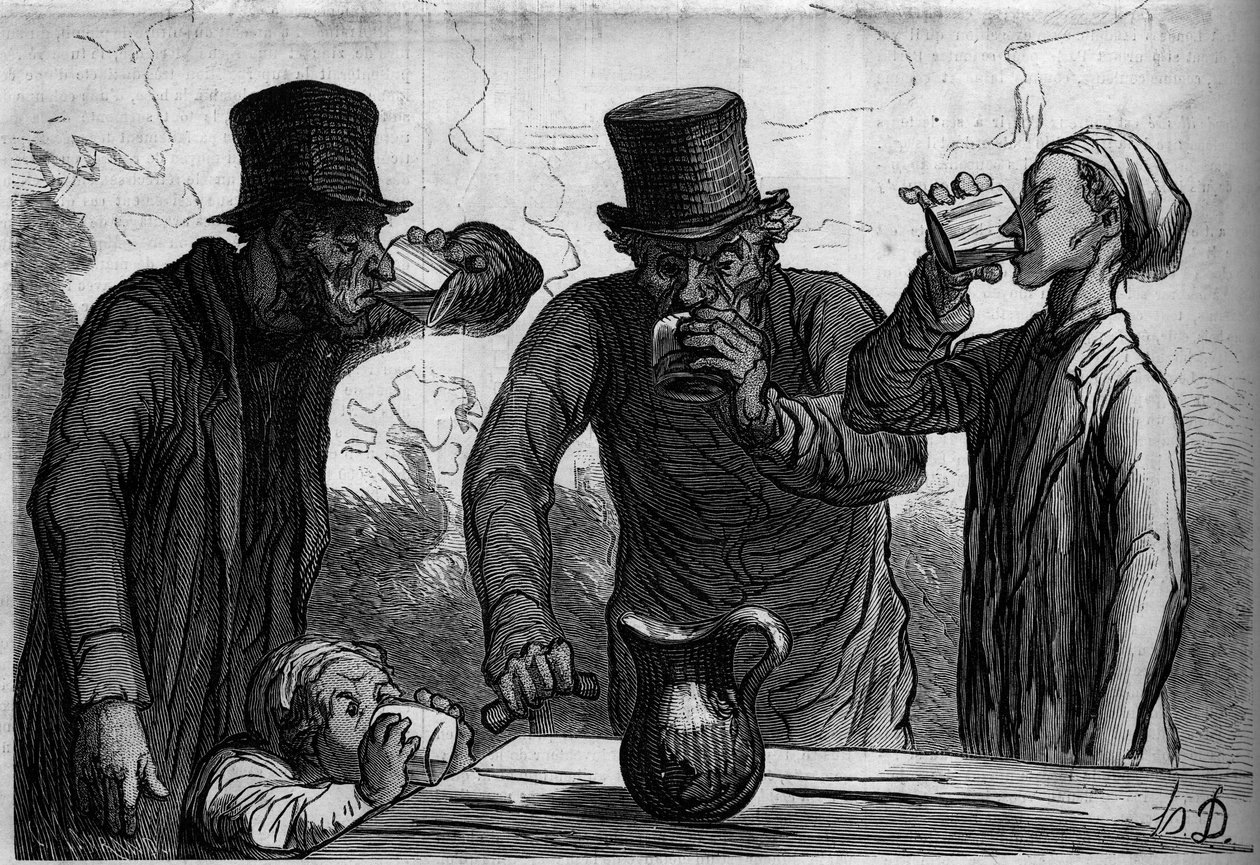 Physiologie des Trinkers: die vier Lebensalter. Karikatur von Honoré Daumier. Gravur in „Le Monde Illustré“ Nr. 289 vom 25. Oktober von French School