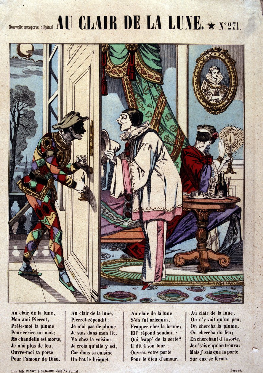 Pierrot, Harlekin und der Nachbar, Illustration des Liedes „Au clair de la lune“, Bild von Epinal von French School