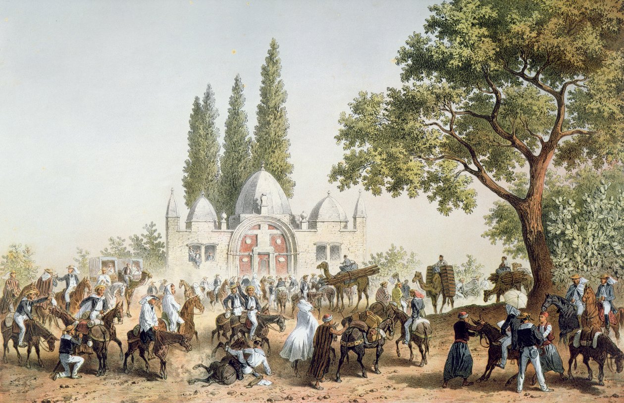 Pilger halten in Jaffa an der Quelle von Sabil Abu Nabut von French School