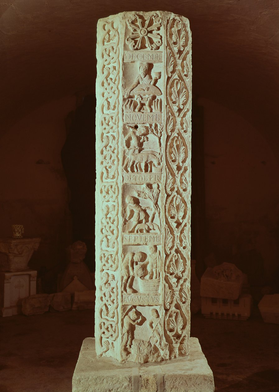 Säule, die die Monate August bis Dezember zeigt, Kalender der Jahreszeiten von French School