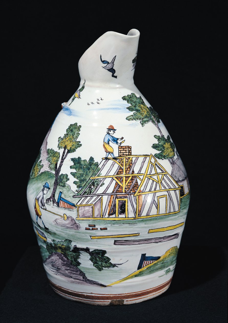 Krug, der den Bau eines Gebäudes darstellt, Sinceny, ca. 1740-50 von French School