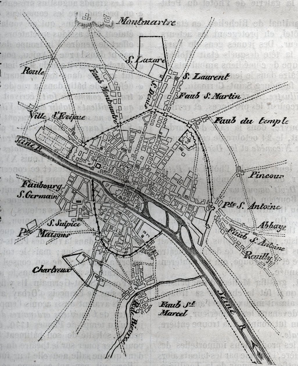 Plan von Paris unter Heinrich III. (1580) Gravur in „Histoire physique, civile et morale de Paris: depuis les premiers temps historiques à nos jours“ von Jacques Antoine Dulaure von French School