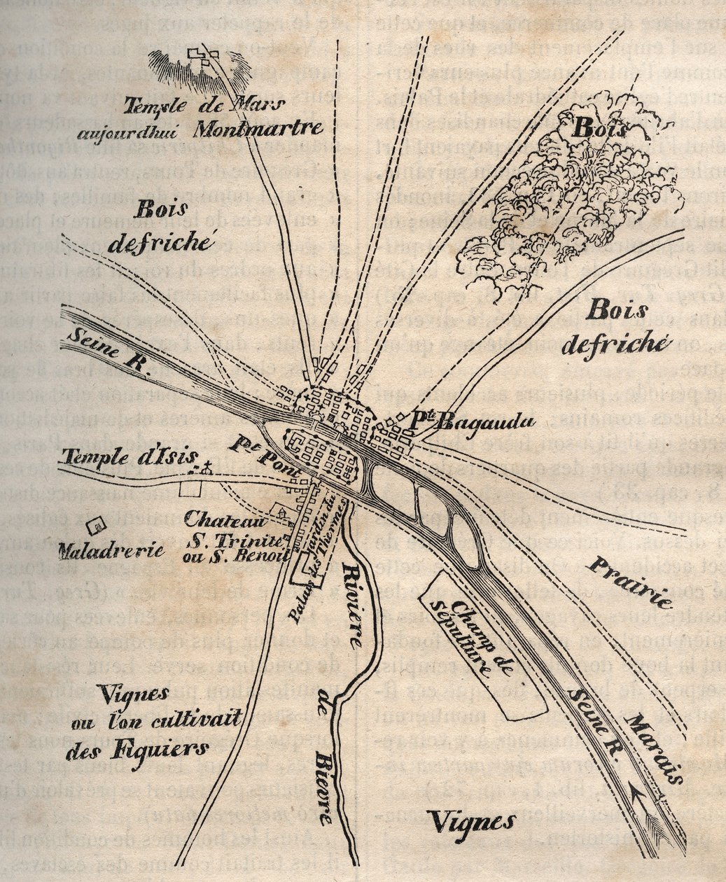 Plan von Paris unter den Merowingern - Gravur in „Physical, civil and moral history of Paris: from the earliest historical times to the present day“ von Jacques Antoine Dulaure von French School