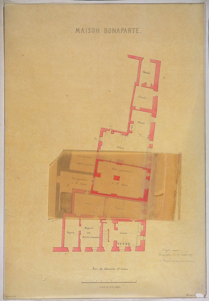 Grundriss und Keller des Hauses in Ajaccio, Korsika, in dem Napoleon Bonaparte geboren wurde, 1837 von French School