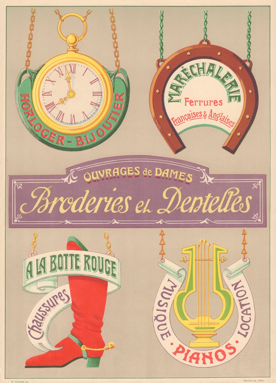 Schildermodelle für Jugendstilbuchstabenmaler (Uhren-Juwelier, Maréchalerie, Stickerei und Spitze, Schuhe, Musikklaviere) von French School