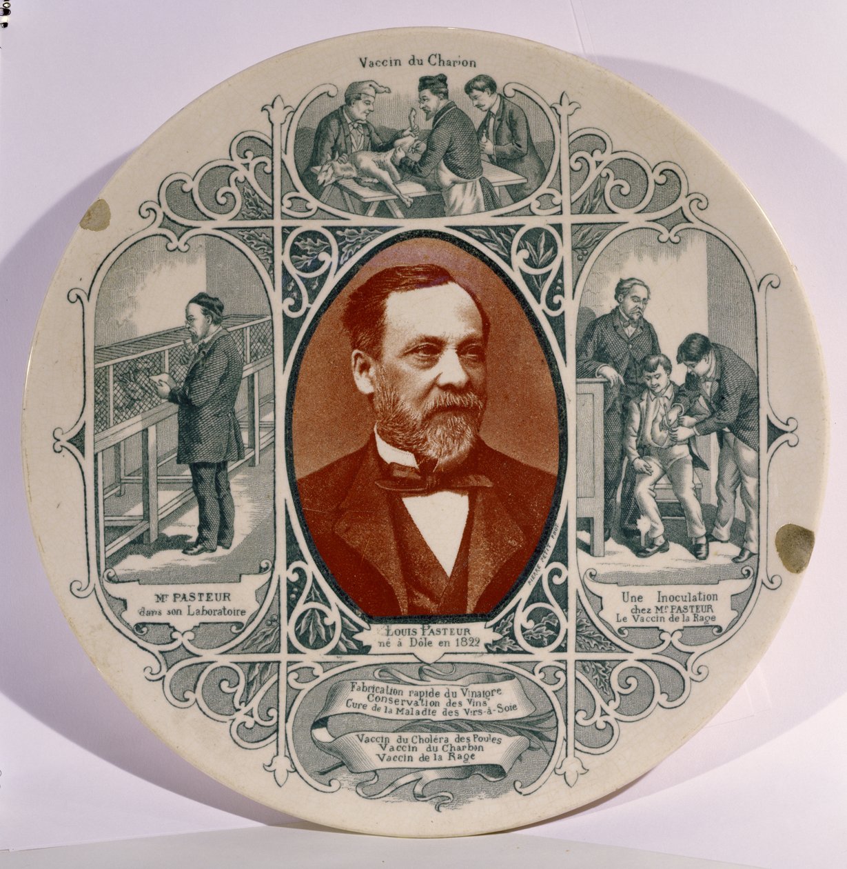 Teller mit einem Foto von Louis Pasteur (1822-95) von Pierre Petit (1832-1909) und Szenen aus seinem Leben von French School