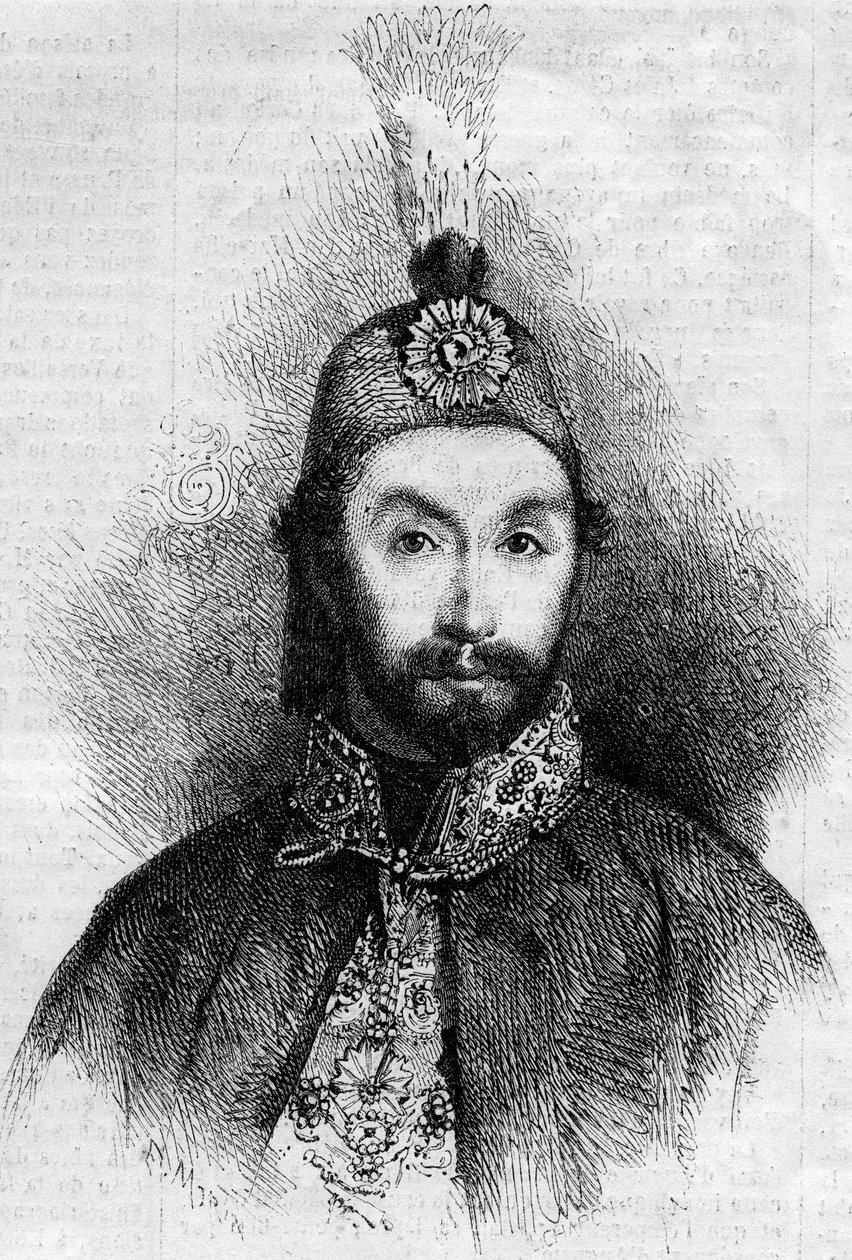 Porträt von Abdulmecit I (Abdul-Medjid-Khan, Abdul Medjid Khan) (1823-1861), Sultan des Osmanischen Reiches. Gravur in „Le Monde Illustré“ Nr. 221 vom 6. Juli 1861. von French School