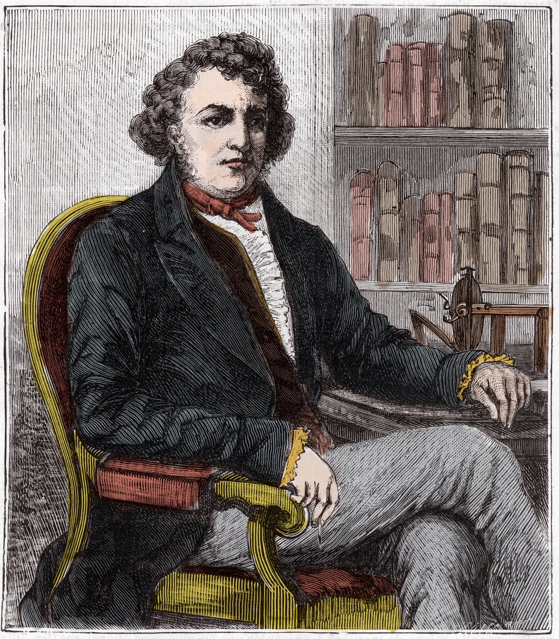 Porträt von Andre Marie Ampere (1775-1836) französischer Physiker - Andre-Marie Ampere (1775-1836), französischer Physiker und Pionier der Elektrodynamik - Gravur in "Wissenschaften für alle zugänglich gemacht - Physik und Chemie" von Alexis Clerc - Ende d von French School
