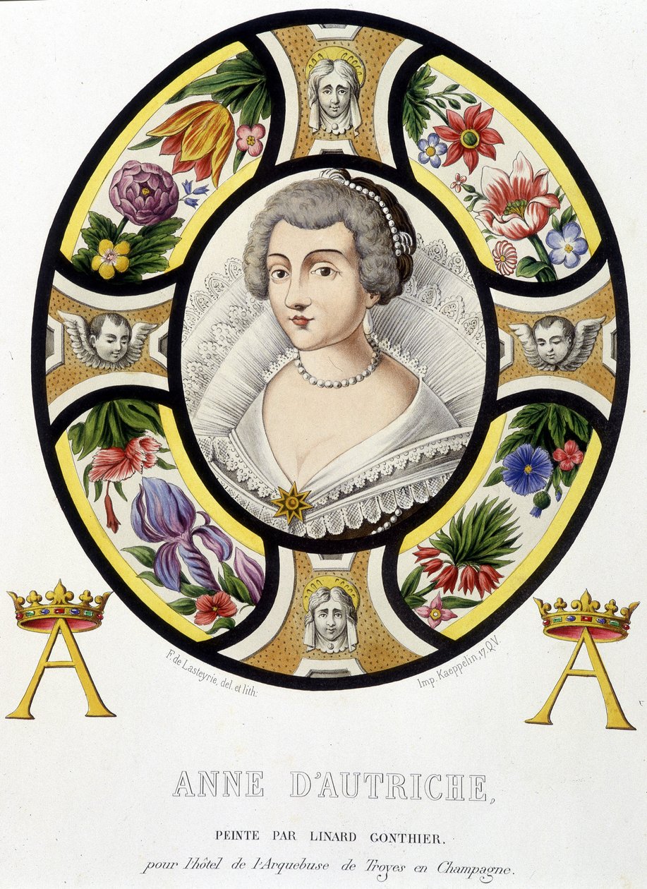 Porträt von Anna von Österreich, Königin von Frankreich (1601-1666). Faksimile eines mittelalterlichen Glasfensters in „Histoire de la peinture sur verre“ von Ferdinand de Lasteyrie von French School