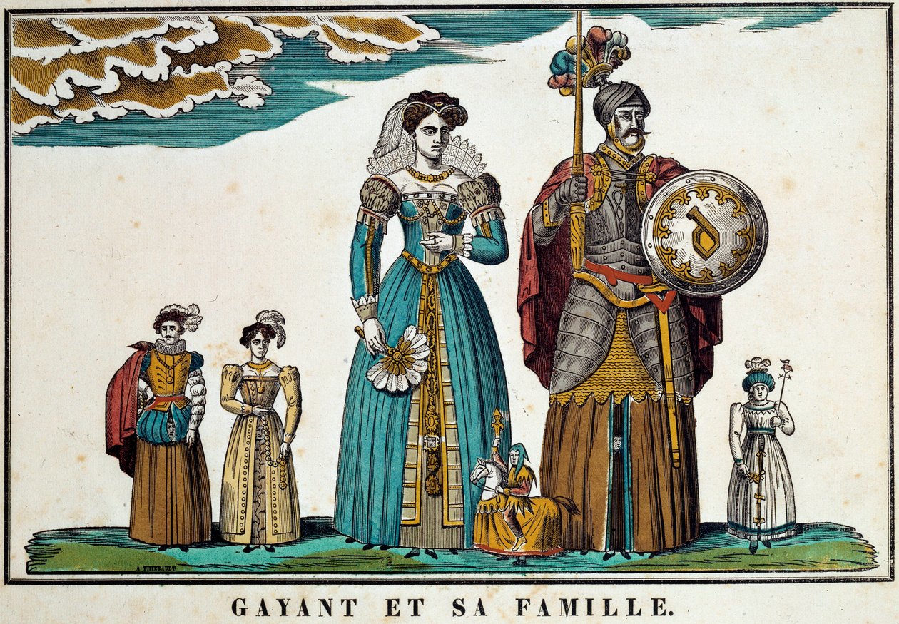 Porträt von Gayant, einem Riesen, der die Stadt Douai symbolisiert, dargestellt mit seiner Familie: seiner Frau Marie Cagenon und seinen drei Kindern Jacquot, Fillon und Binbin. Gravur aus dem 18. Jahrhundert, Bild von Belfort. Ferrand Sammlung von French School