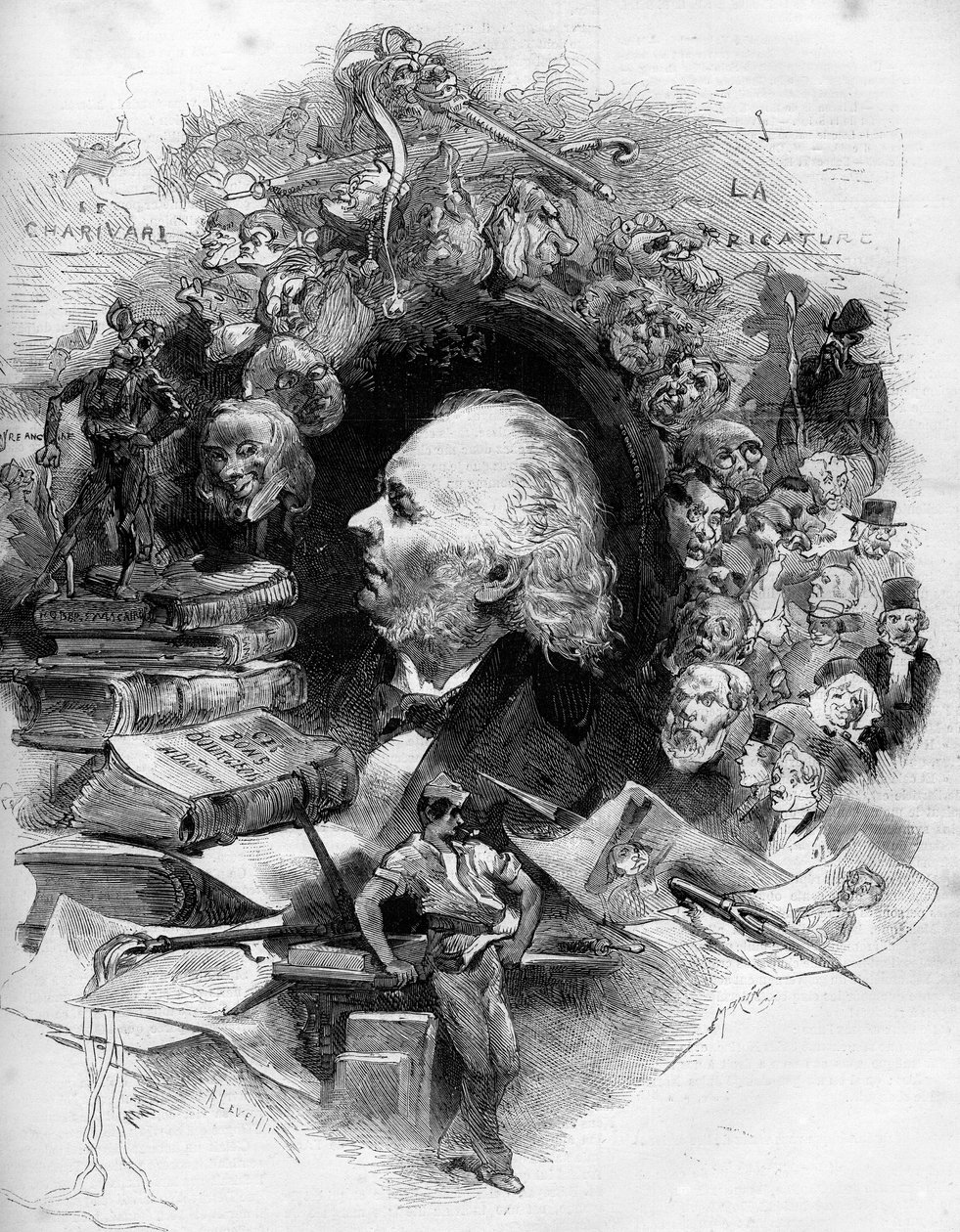 Porträt von Honoré Daumier (1808-1879), französischer Karikaturist, Maler und Zeichner. Gravur in „Le Monde Illustré“ Nr. 1143 vom 22. Februar von French School