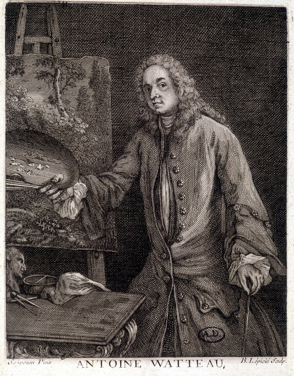 Porträt von Jean Antoine Watteau (1684-1721), französischer Maler - Gravur von French School