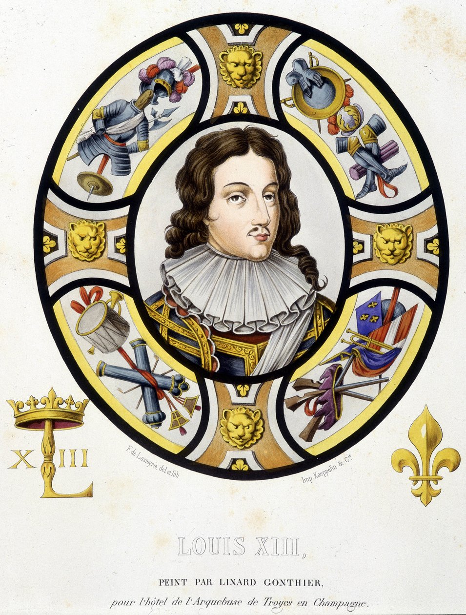 Porträt von Ludwig XIII., König von Frankreich (1601-1643). Facsimile eines Glasfensters aus dem Mittelalter in „Histoire de la peinture sur verre“ von Ferdinand de Lasteyrie von French School